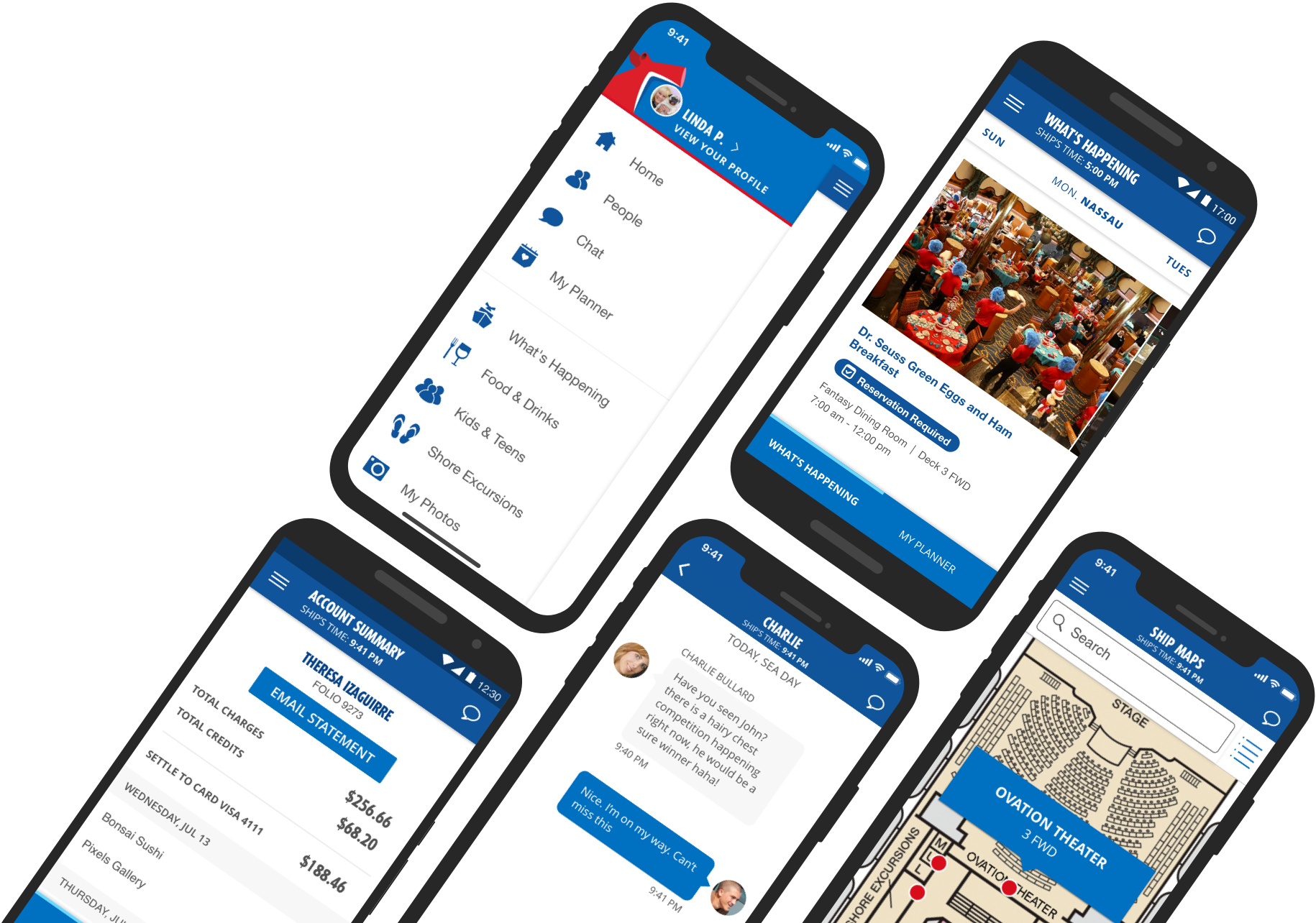 A grid of smartphones displaying various screens from the Carnival HUB App, including the Side Menu, What's Happening page, Account Summary page, Chat page, and Ship Maps page.